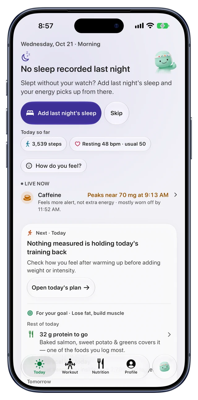 Reps Today after a night with no sleep recorded, offering to add last night's sleep, with steps, resting heart rate and caffeine still shown