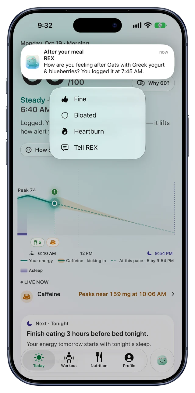 A REX notification after breakfast asking how you feel after oats with Greek yogurt and blueberries, with the replies Fine, Bloated, Heartburn and Tell REX