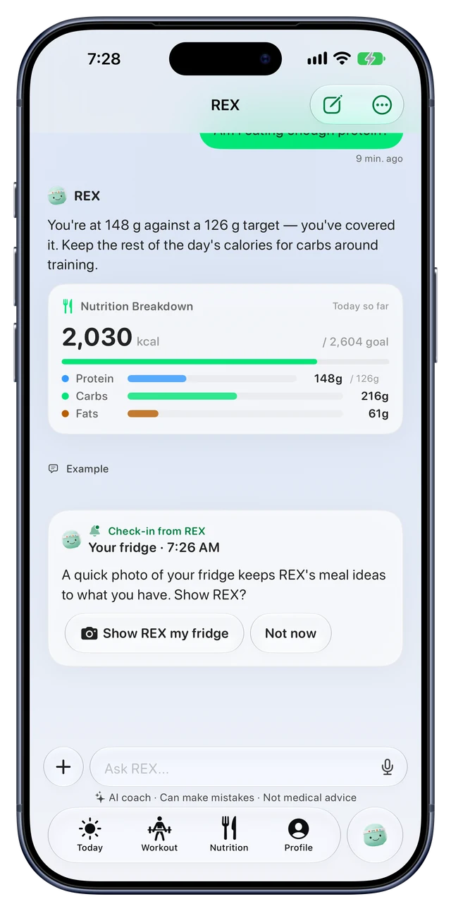 A REX chat answering a protein question with the day's nutrition breakdown, and a REX check-in card offering meal ideas from a photo of your fridge