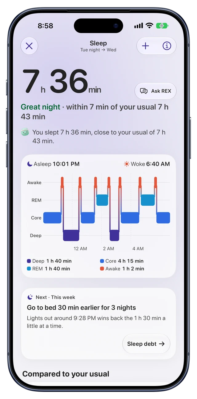 Reps sleep detail: 7 h 36 min, a great night within 7 minutes of the usual, with the night's sleep stages and a next step for the week