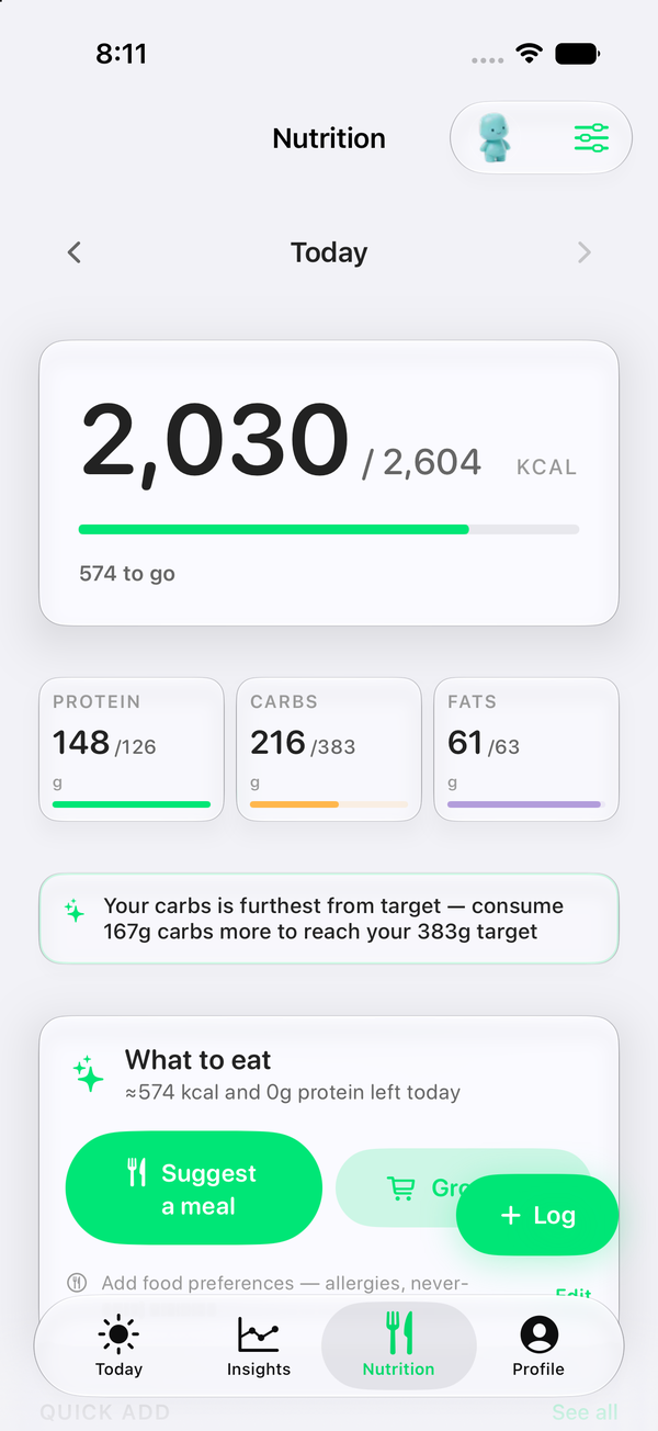 Reps nutrition screen — 2,030 of 2,604 kcal with protein, carbs, and fats tracked and a meal suggestion