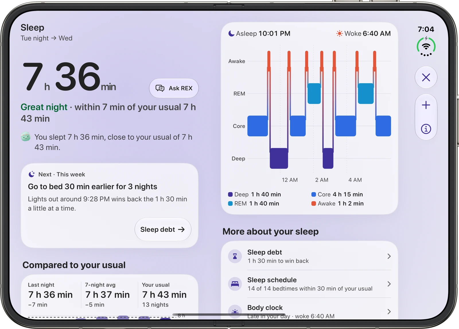 Reps sleep detail on iPhone Duo with last night's summary and a next step on the left and the full stage timeline on the right