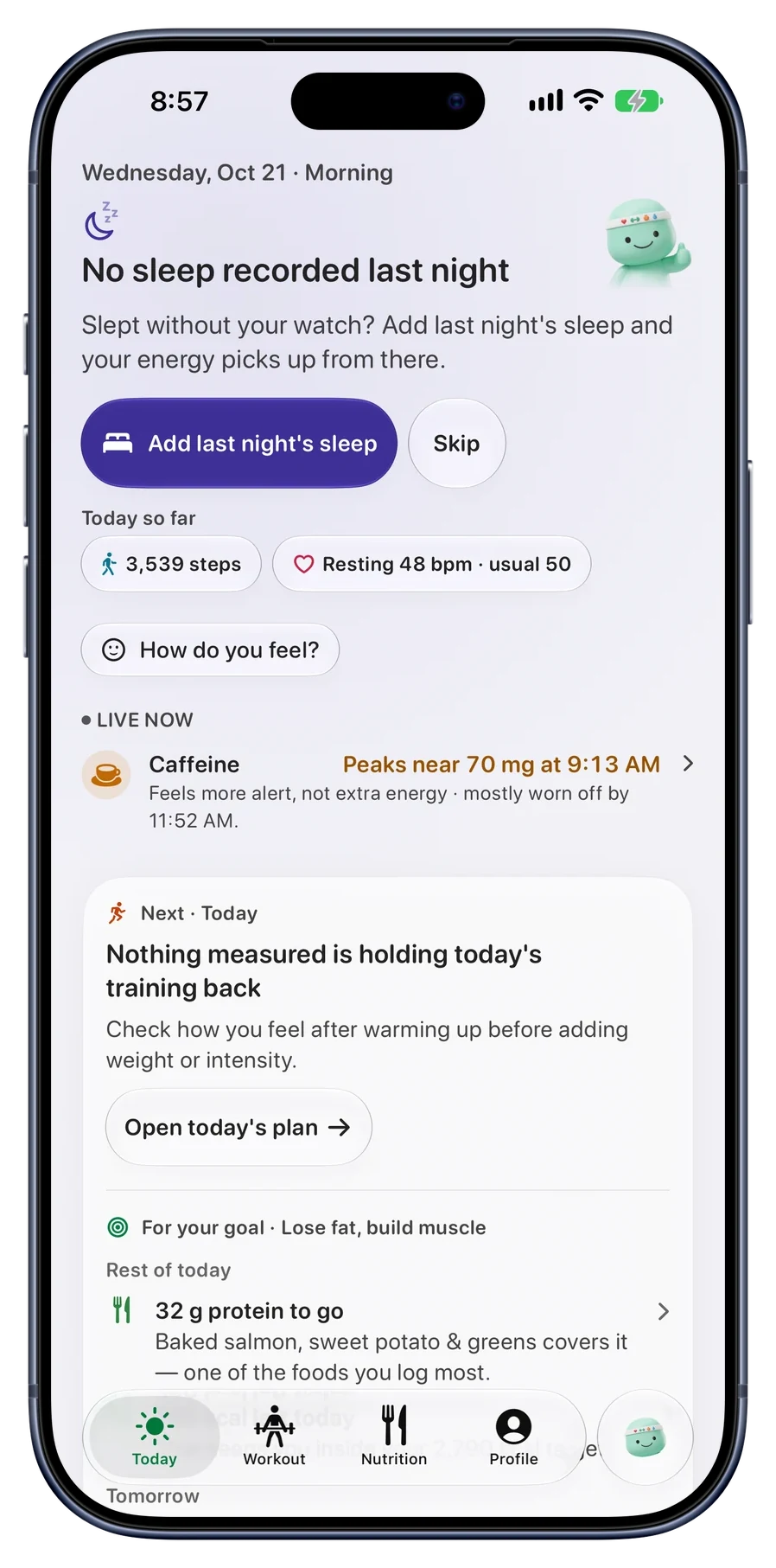 Today after a night without the watch: No sleep recorded last night, with a button to add last night's sleep