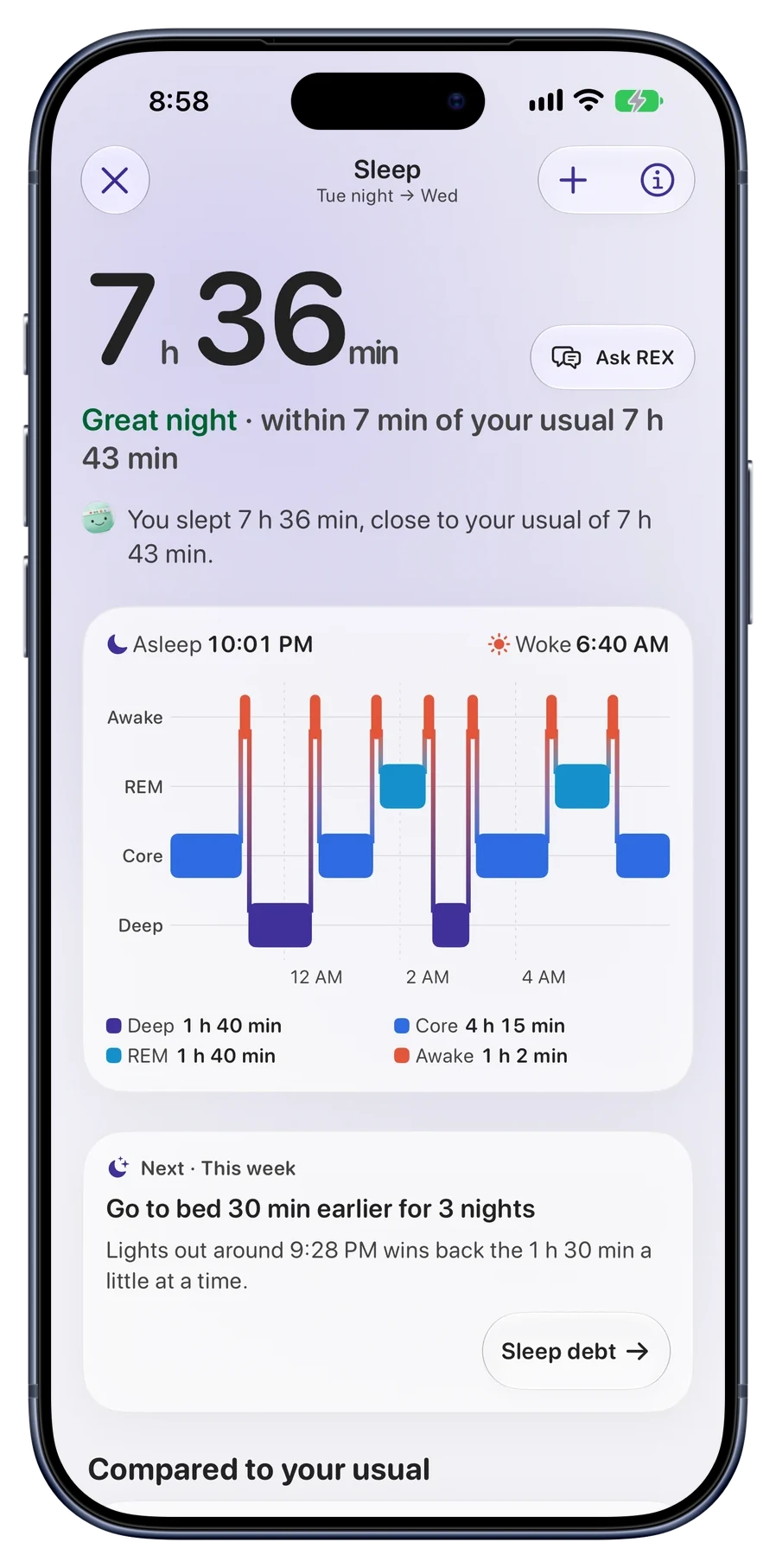 Sleep screen with a stage timeline, total sleep time and a comparison to your usual
